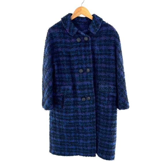 Vintage‎ Womens Blue Purple Plaid Boucle Knit Double Breasted Coat Size Small